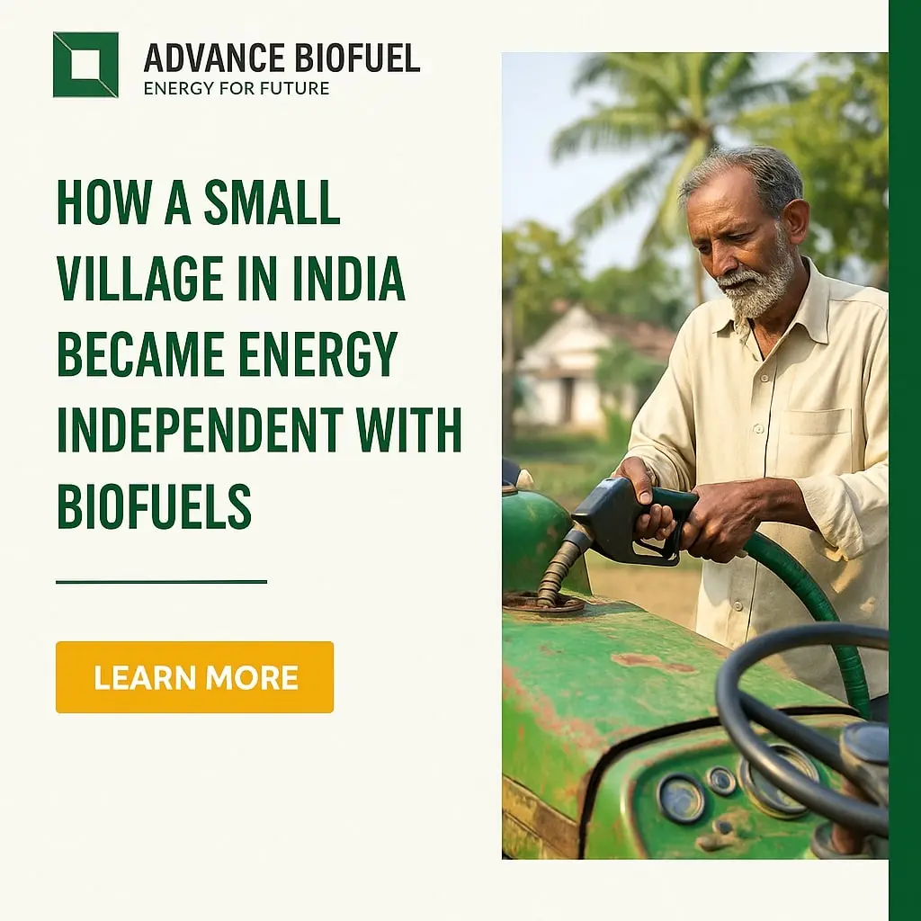 elderly Indian man refueling a green tractor in a rural village